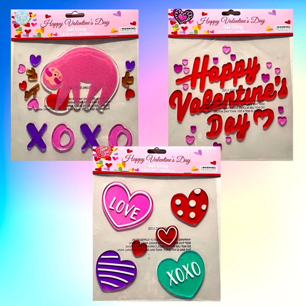 ♥️ Set of‎ 3! Happy Valentine’s Day Gel Window Clings Window Decor Hearts Love